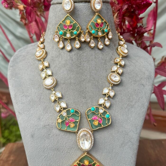 Aparna Polki Necklace With Earrings -Green