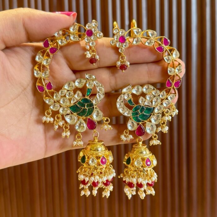 Peacock Pachi Kundan Kaansahara Jhumkis