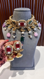 Ruhaniyat Necklace with Earring-Hot pink